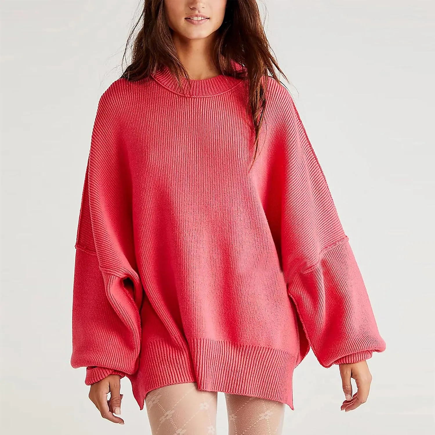 Womens Fall Fashion 2023 Crewneck Oversized Sweaters Batwing Long Sleeve Sweater Side Slit Ribbed Knit Pullover Tops