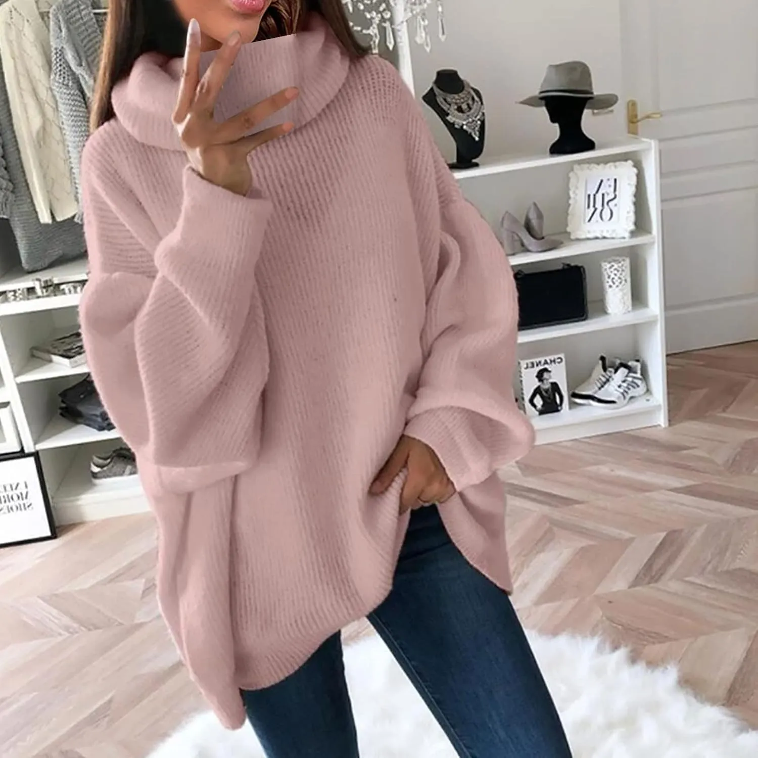 Womens Fall Oversized Sweaters 2023 Fashion Chic Turtleneck Batwing Long Sleeve Jumper Tops Soft Knitted Pullover