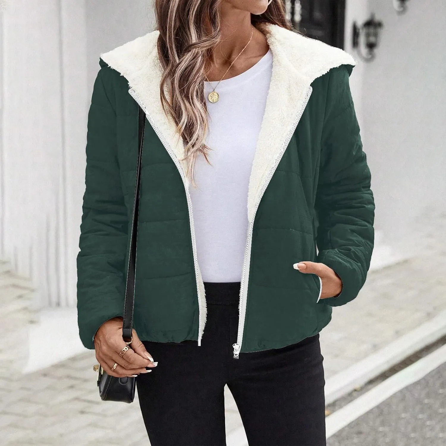 Womens Fleece Sherpa Lined Jackets Casual Full Zip Up Hoodie Loose Fit Sweatshirt Jacket Coat