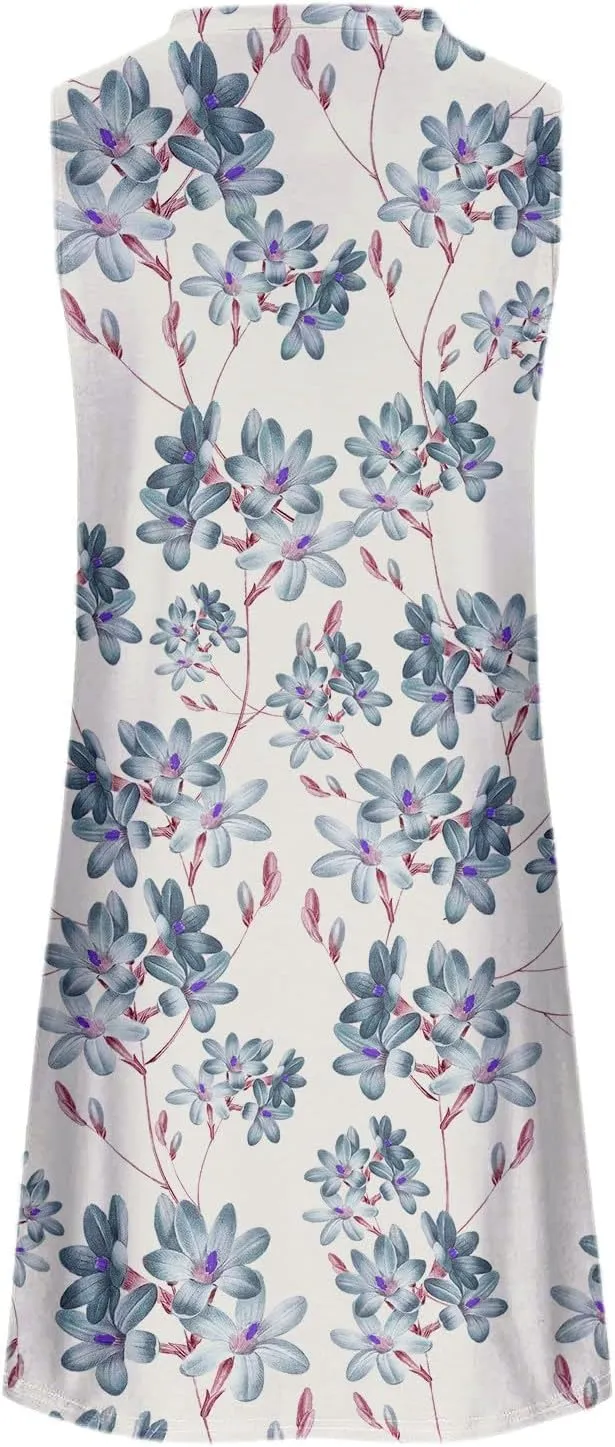 Womens Floral Sun Dresses Petite Beach Vacation Sleeveless Mini Boho Dress Cocktail Party Summer Swimsuit Coverup