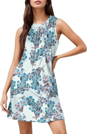 Womens Floral Sun Dresses Petite Beach Vacation Sleeveless Mini Boho Dress Cocktail Party Summer Swimsuit Coverup