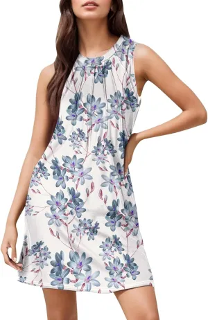 Womens Floral Sun Dresses Petite Beach Vacation Sleeveless Mini Boho Dress Cocktail Party Summer Swimsuit Coverup