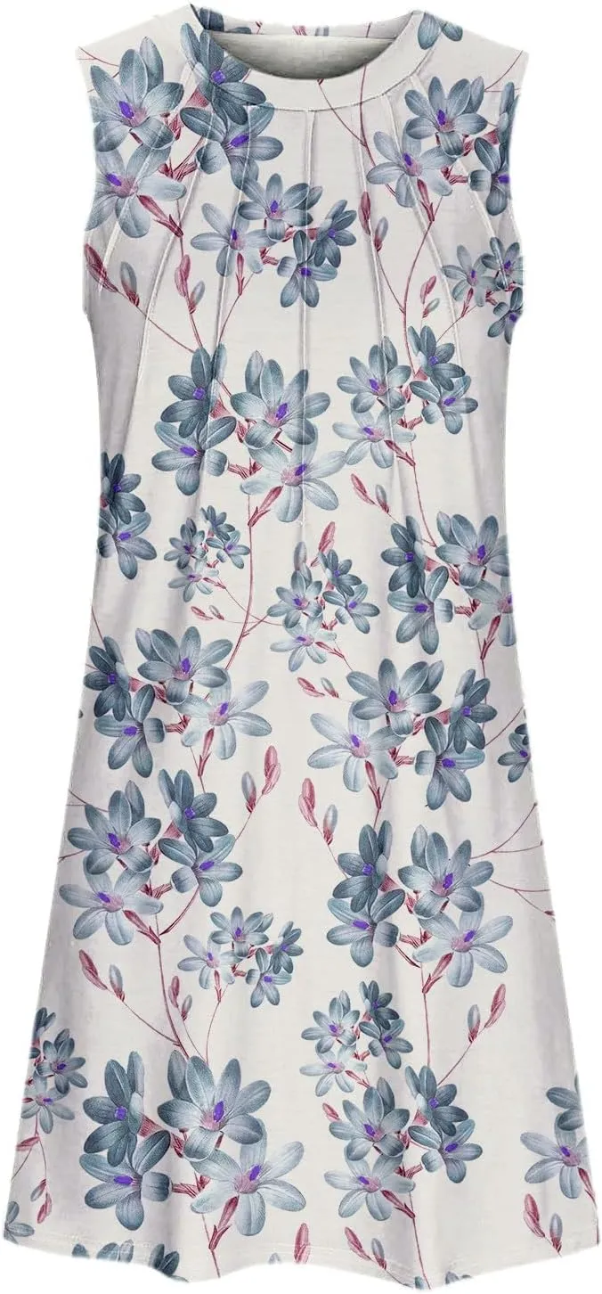 Womens Floral Sun Dresses Petite Beach Vacation Sleeveless Mini Boho Dress Cocktail Party Summer Swimsuit Coverup