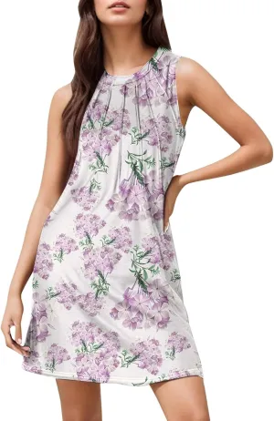 Womens Floral Sun Dresses Petite Beach Vacation Sleeveless Mini Boho Dress Cocktail Party Summer Swimsuit Coverup