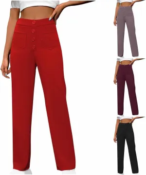 Womens High Waist Straight Leg Pants Casual Stretchy Button Business Work Trouser Fashion Slim Fit Dress Pant Pocket