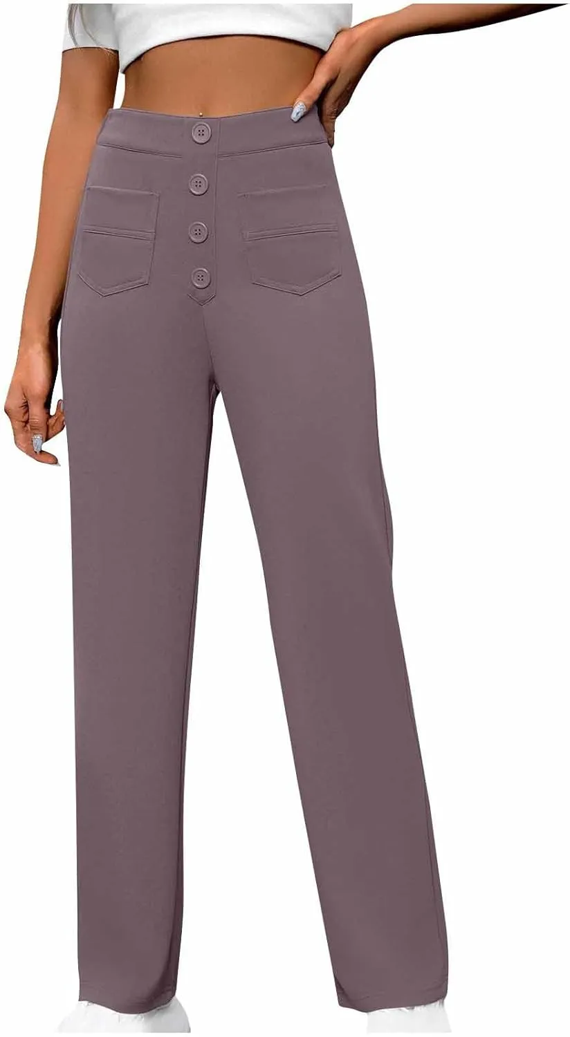 Womens High Waist Straight Leg Pants Casual Stretchy Button Business Work Trouser Fashion Slim Fit Dress Pant Pocket