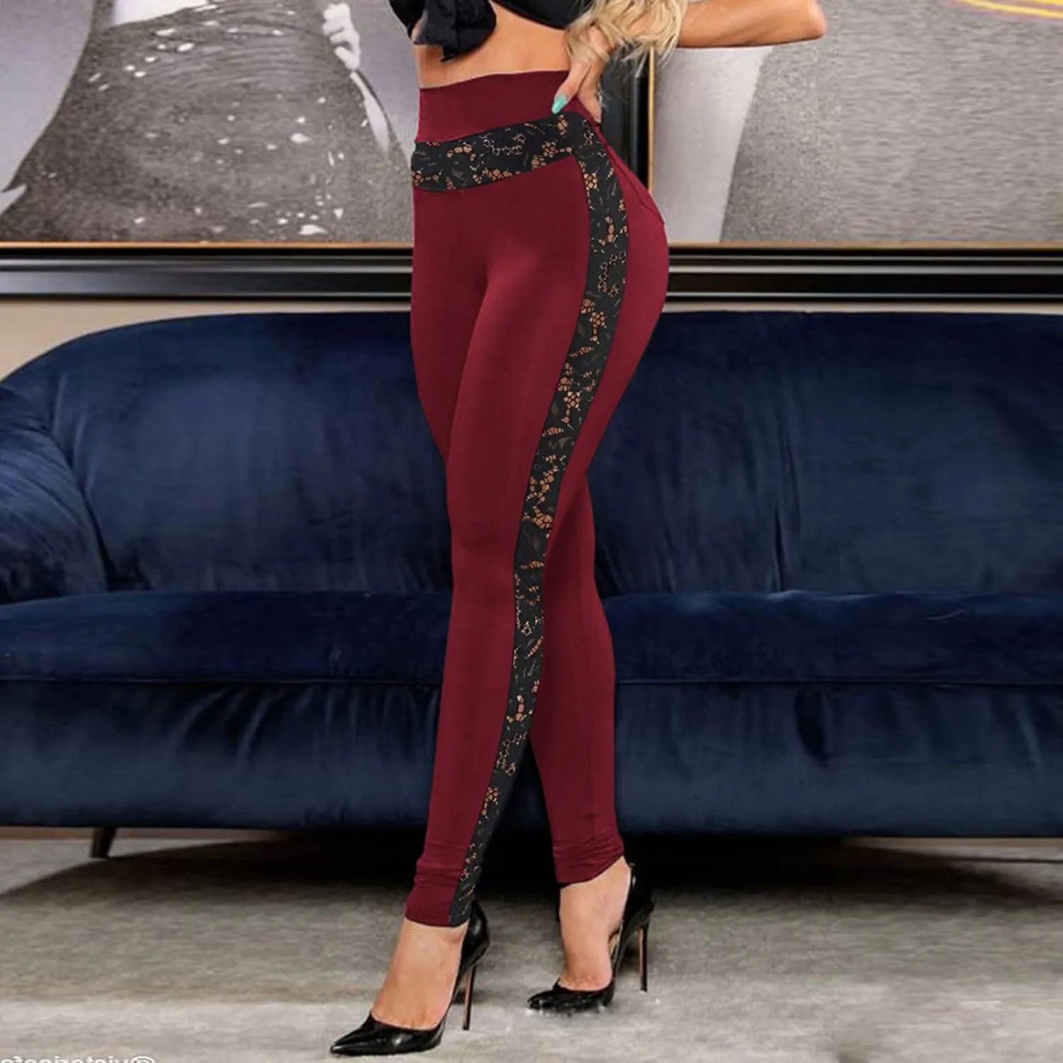 Women's High Waisted Leggings Sexy Lace Stretchy Pull-on Jeggings Butt Lift Shapewear Firm Compression Leggings