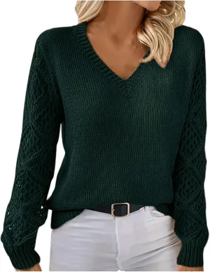 Women's Hollow Out Long Sleeve Sweater Casual V-Neck Chunky Knit Sweater Lightweight Pullover Sweater Fashion Design
