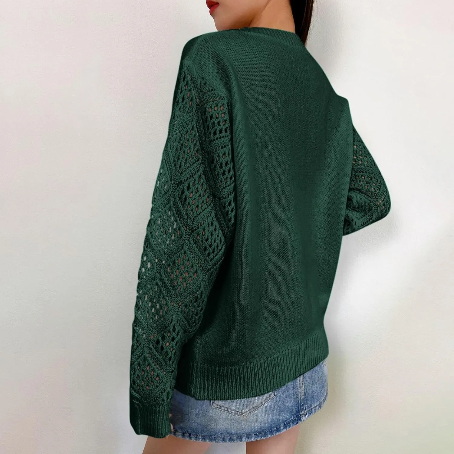 Women's Hollow Out Long Sleeve Sweater Casual V-Neck Chunky Knit Sweater Lightweight Pullover Sweater Fashion Design