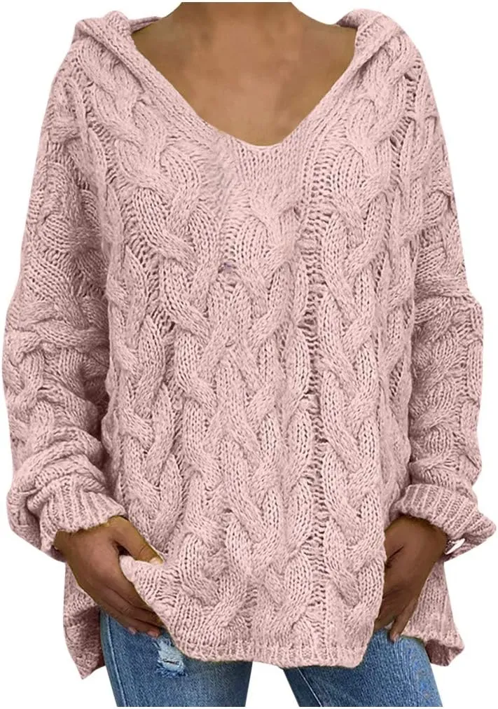 Womens Hooded Sweaters Oversized Chunky Knitted Sweater Fall Fashion 2023 Long Sleeve Jumper Tops V Neck Pullovers