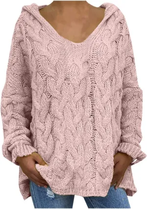 Womens Hooded Sweaters Oversized Chunky Knitted Sweater Fall Fashion 2023 Long Sleeve Jumper Tops V Neck Pullovers