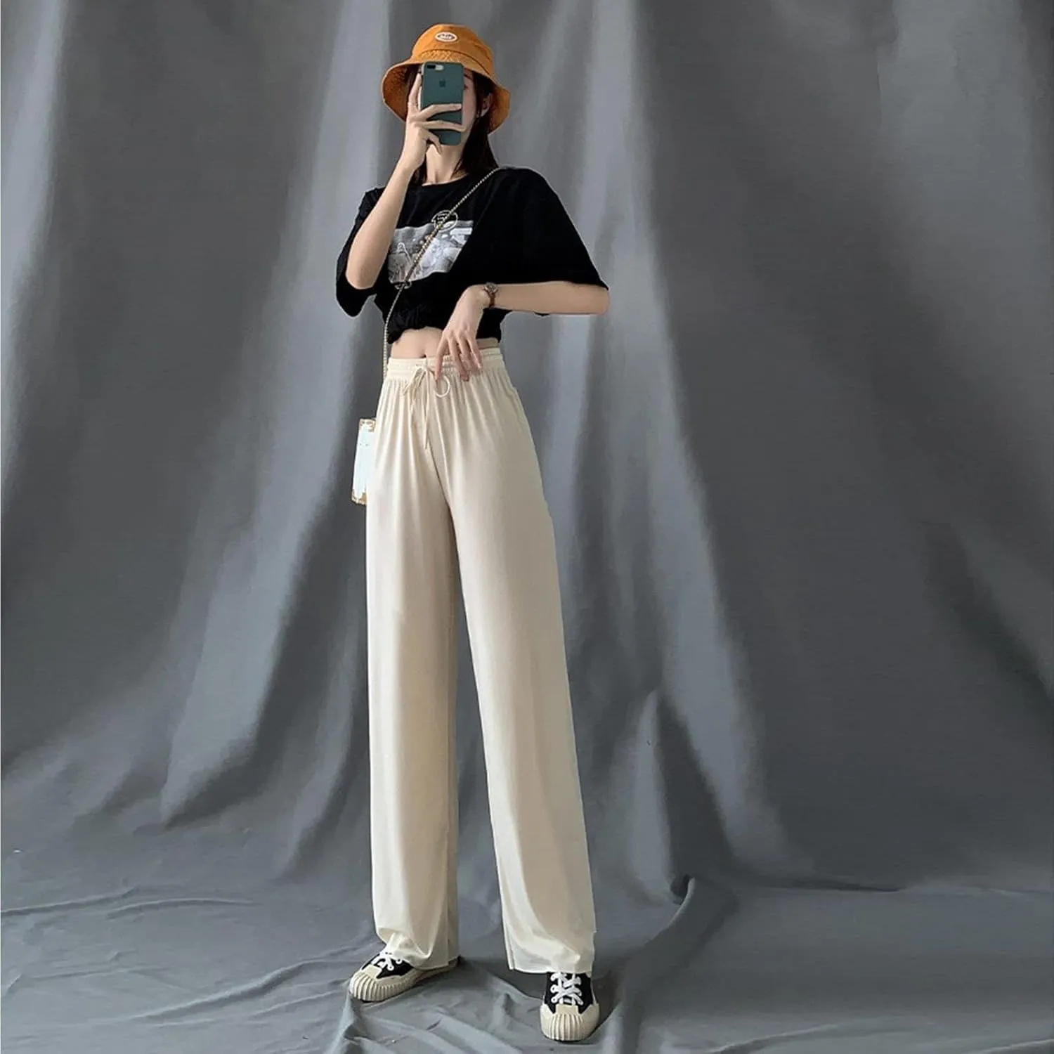 Women's Ice Silk Wide Leg Pants High Waist Drop and Slim Straight Leg Trousers Baggy Palazzo Pants Yoga Sweatpants