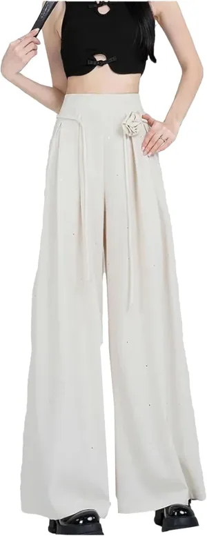 Women's Ice Silk Wide-Leg Pants High Waist Suit Pants Loose Straight Leg Casual Trousers
