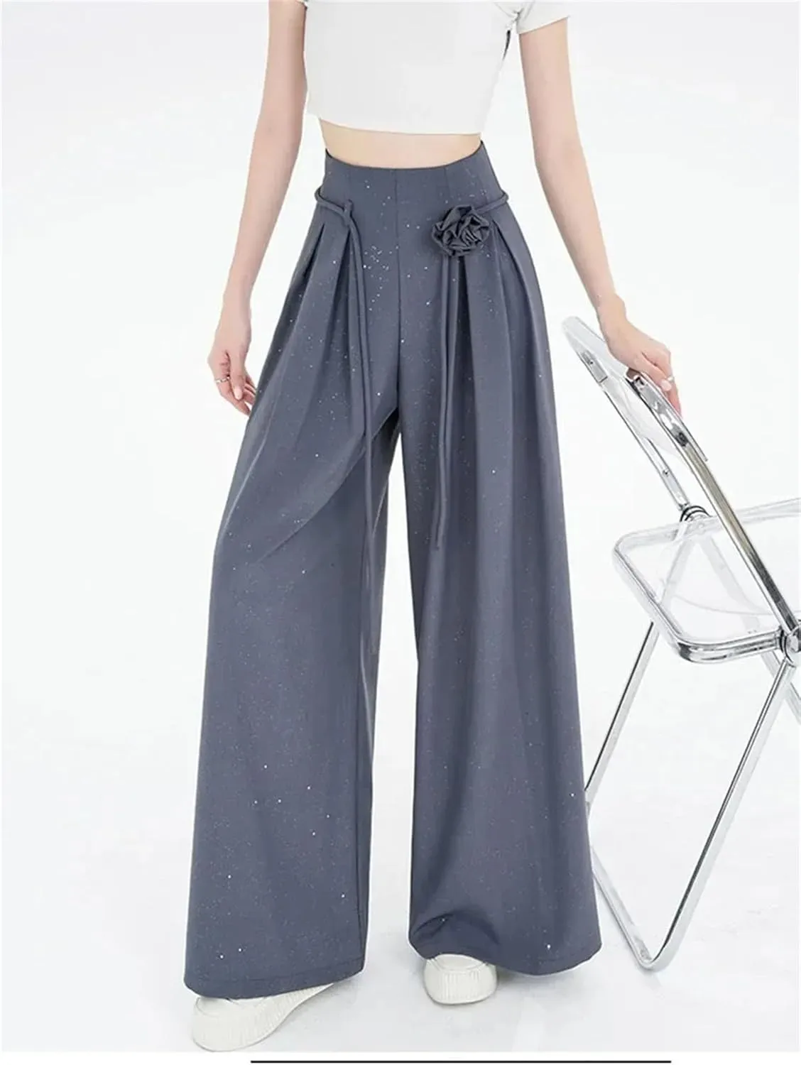Women's Ice Silk Wide-Leg Pants High Waist Suit Pants Loose Straight Leg Casual Trousers