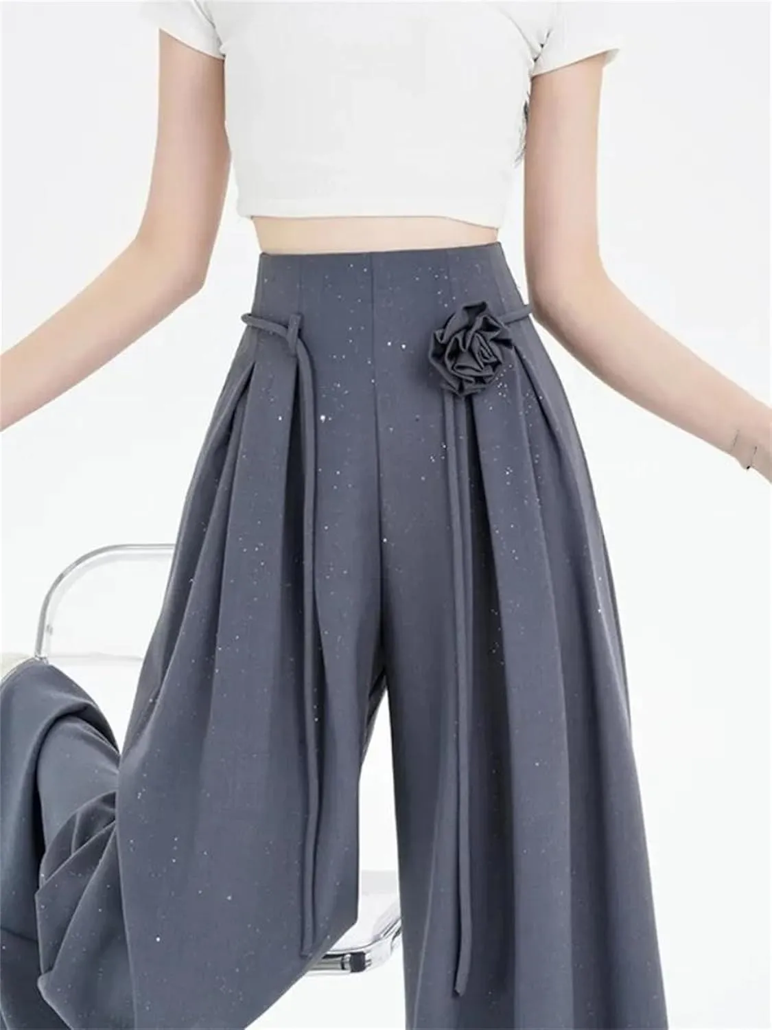 Women's Ice Silk Wide-Leg Pants High Waist Suit Pants Loose Straight Leg Casual Trousers
