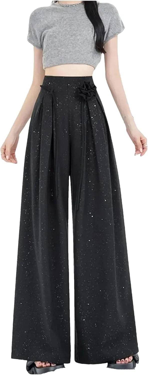 Women's Ice Silk Wide-Leg Pants High Waist Suit Pants Loose Straight Leg Casual Trousers