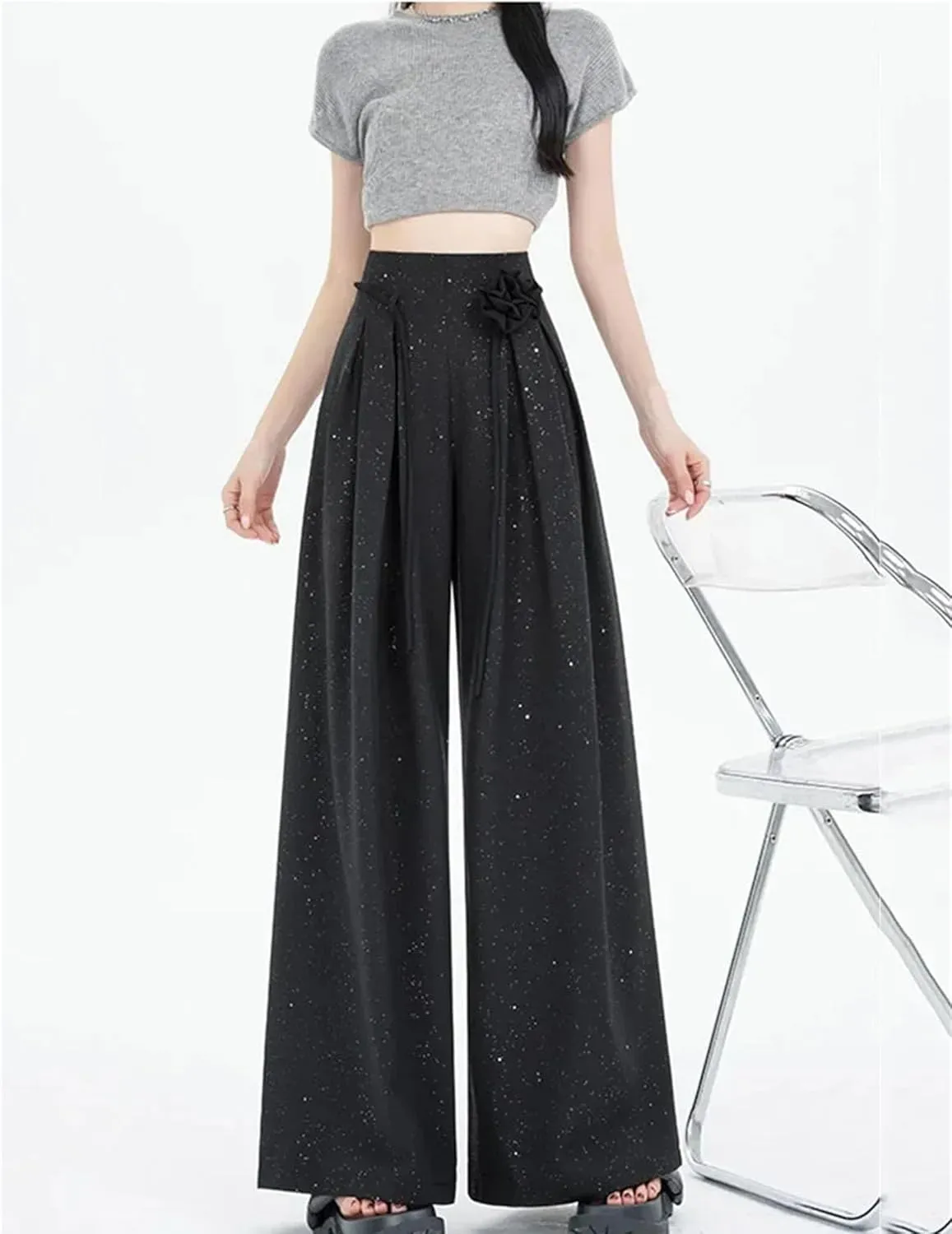 Women's Ice Silk Wide-Leg Pants High Waist Suit Pants Loose Straight Leg Casual Trousers