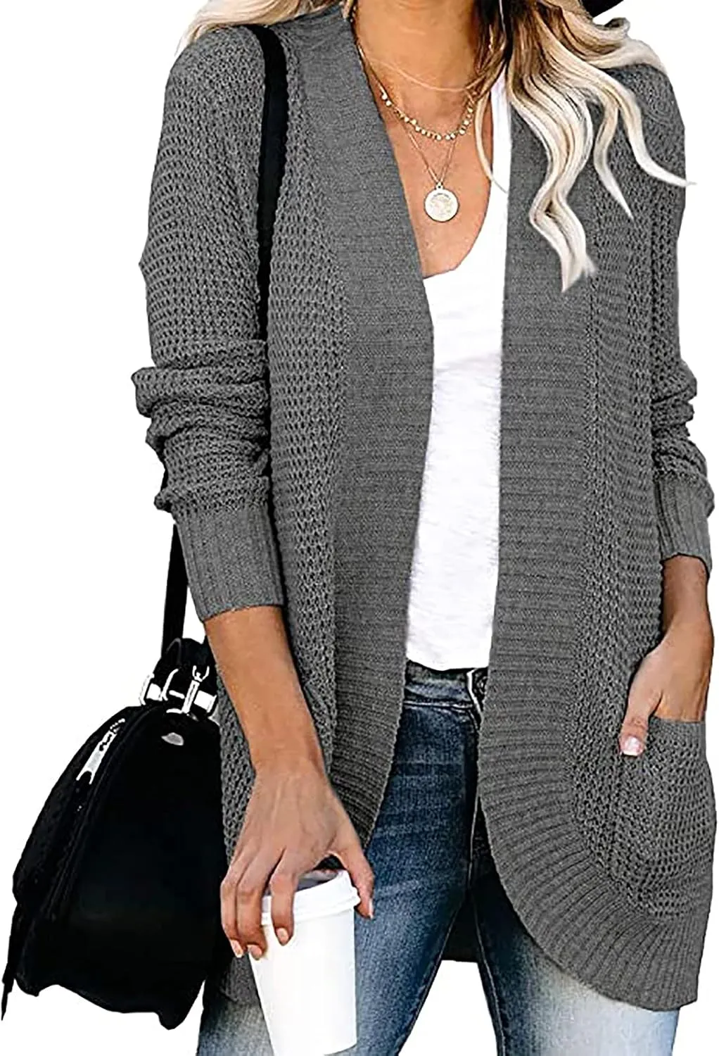 Womens Lightweight Cardigan Sweater Open Front Chunky Knit Sweaters 2023 Fall Winter Outerwear Long Sleeve Jumper