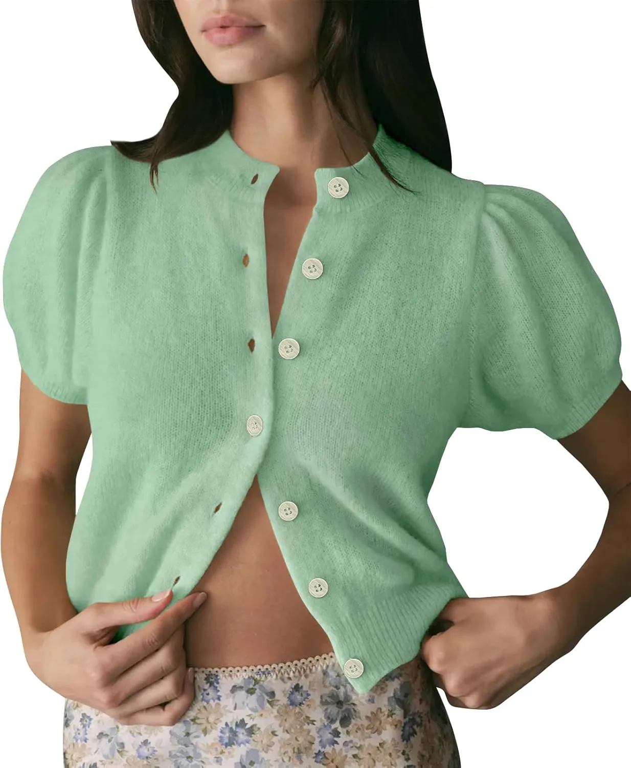 Womens Lightweight Summer Puff Short Sleeve Cardigan Sweaters Button up Y2k Knit Thin Cropped Cardigans