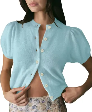 Womens Lightweight Summer Puff Short Sleeve Cardigan Sweaters Button up Y2k Knit Thin Cropped Cardigans