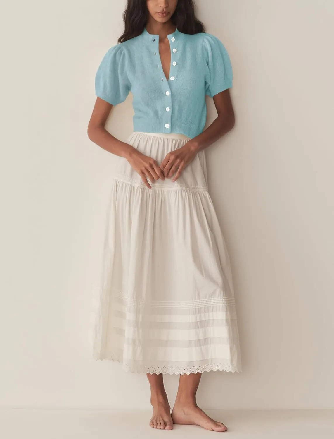 Womens Lightweight Summer Puff Short Sleeve Cardigan Sweaters Button up Y2k Knit Thin Cropped Cardigans