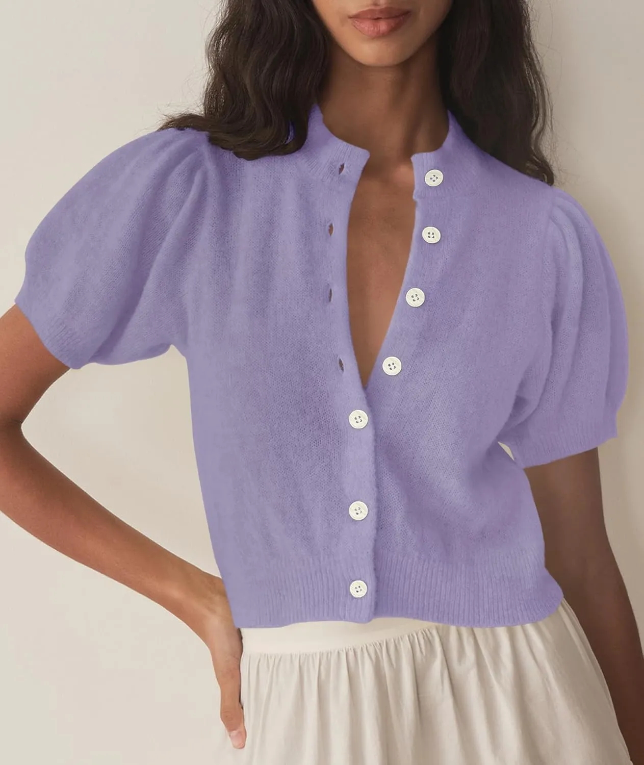 Womens Lightweight Summer Puff Short Sleeve Cardigan Sweaters Button up Y2k Knit Thin Cropped Cardigans