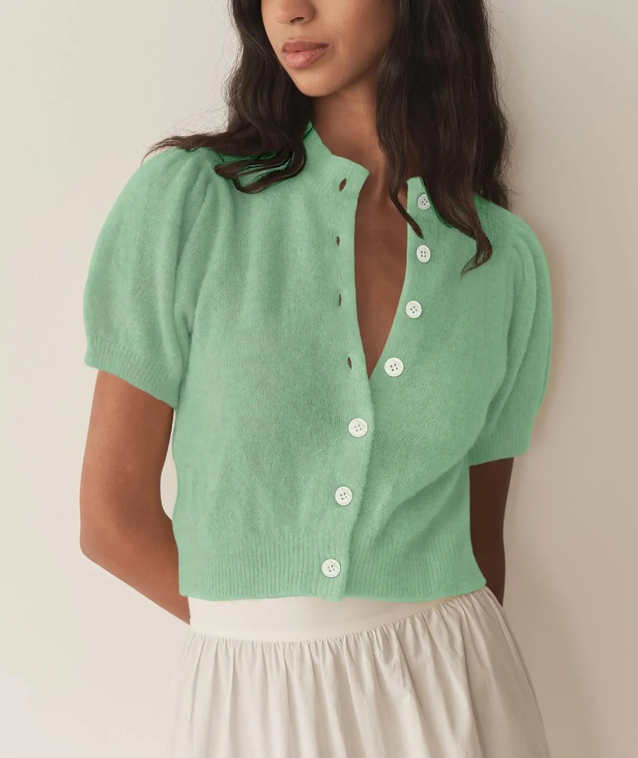 Womens Lightweight Summer Puff Short Sleeve Cardigan Sweaters Button up Y2k Knit Thin Cropped Cardigans