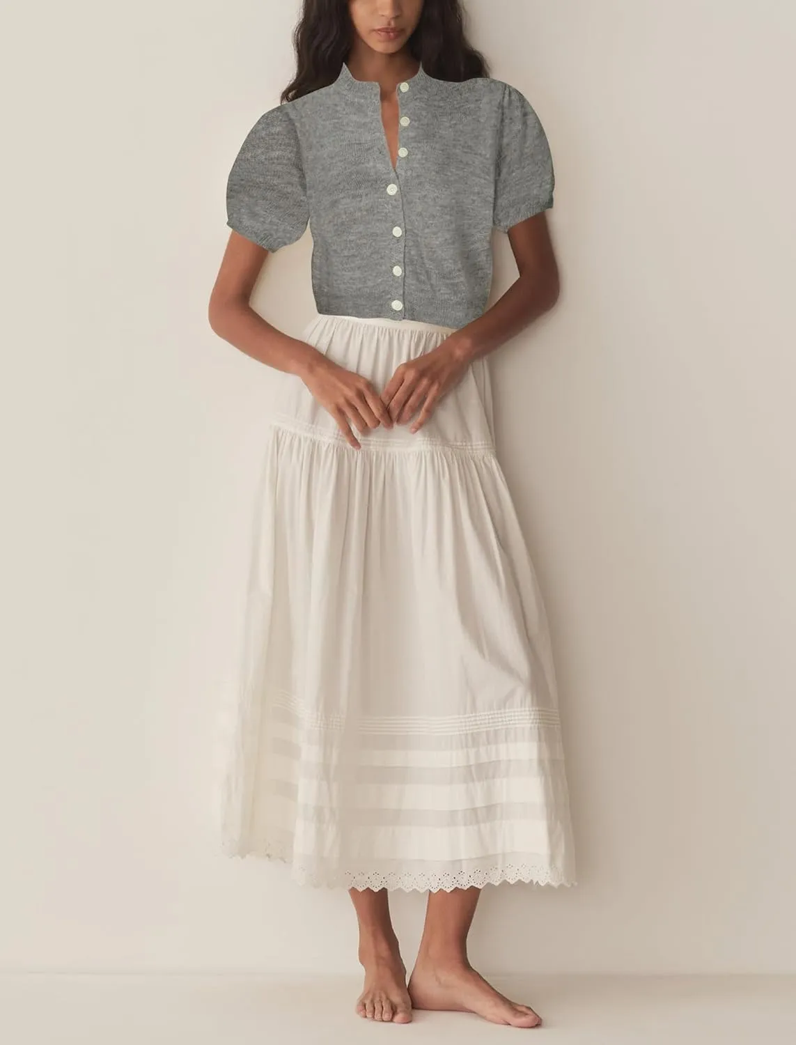 Womens Lightweight Summer Puff Short Sleeve Cardigan Sweaters Button up Y2k Knit Thin Cropped Cardigans