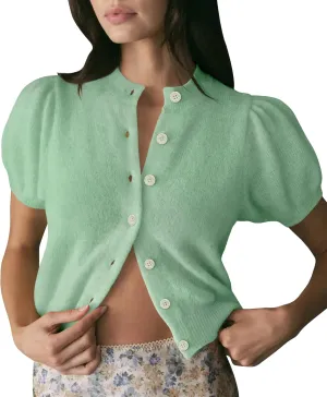Womens Lightweight Summer Puff Short Sleeve Cardigan Sweaters Button up Y2k Knit Thin Cropped Cardigans