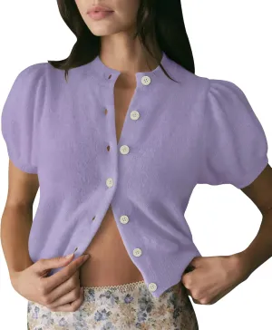 Womens Lightweight Summer Puff Short Sleeve Cardigan Sweaters Button up Y2k Knit Thin Cropped Cardigans