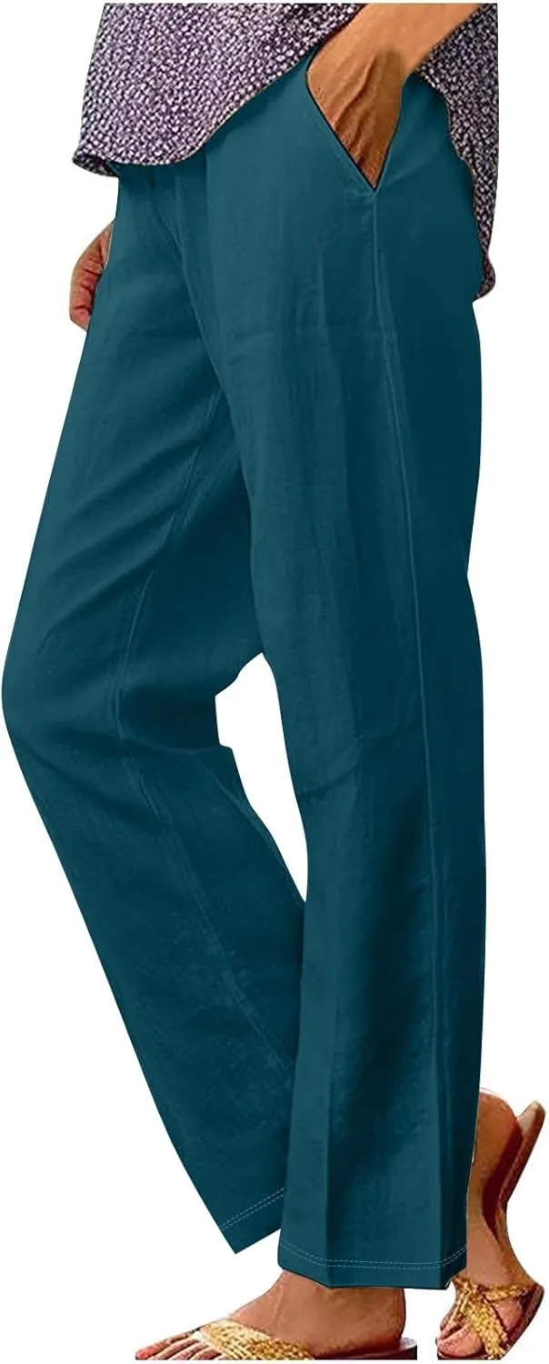 Womens Linen Casual High Waist Pants 2025 Trendy Straight Wide Leg Boho Flowy Trouser Work Dressy Palazzo Casual Pant
