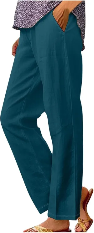 Womens Linen Casual High Waist Pants 2025 Trendy Straight Wide Leg Boho Flowy Trouser Work Dressy Palazzo Casual Pant