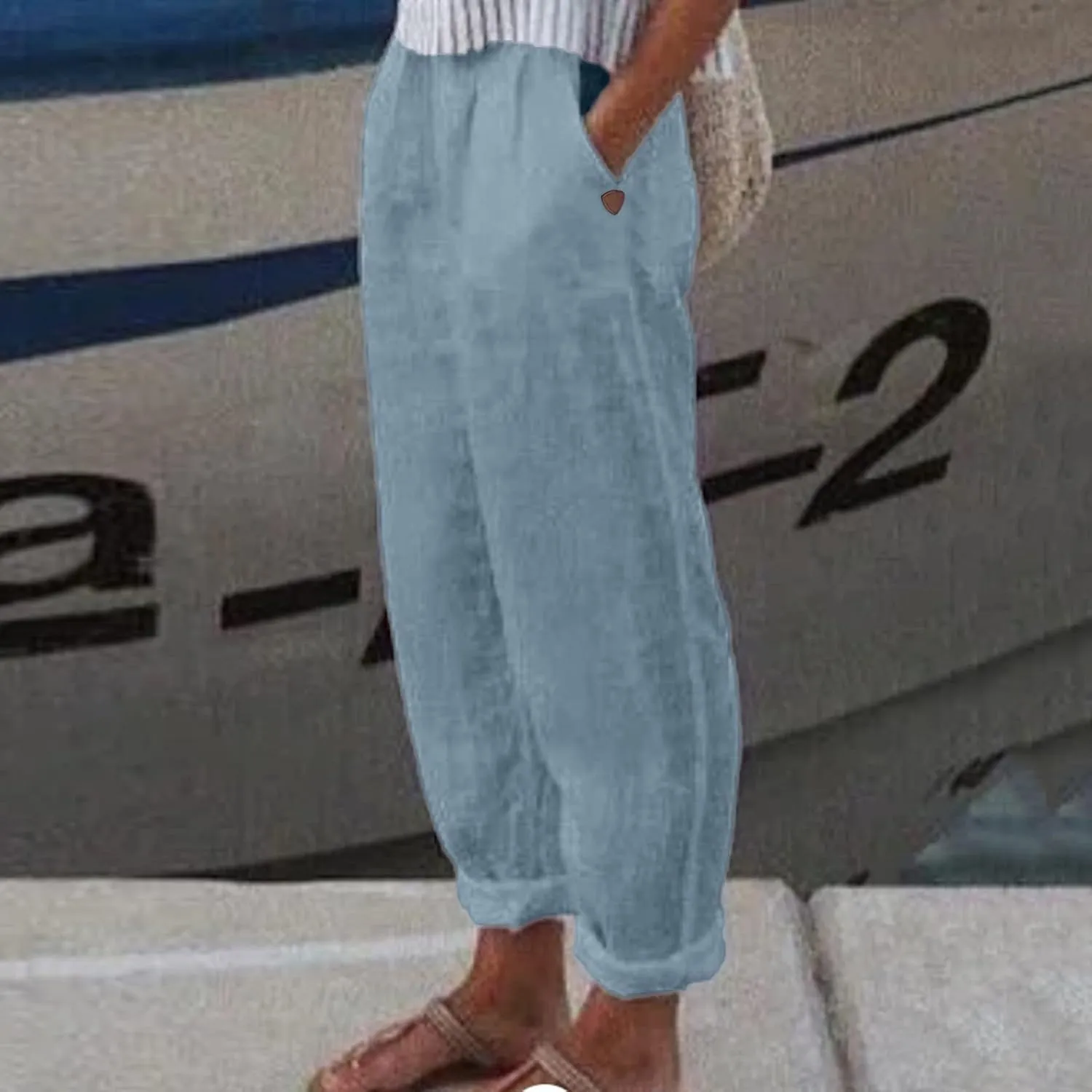 Womens Linen Pants Elastic High Waisted Straight Leg Palazzo Pants with Pockets Solid Comfy Baggy Jogger Trousers