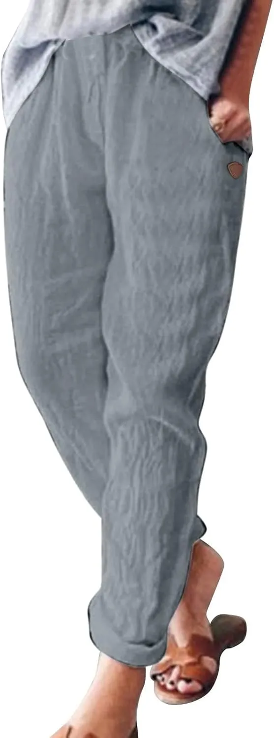Womens Linen Pants Elastic High Waisted Straight Leg Palazzo Pants with Pockets Solid Comfy Baggy Jogger Trousers
