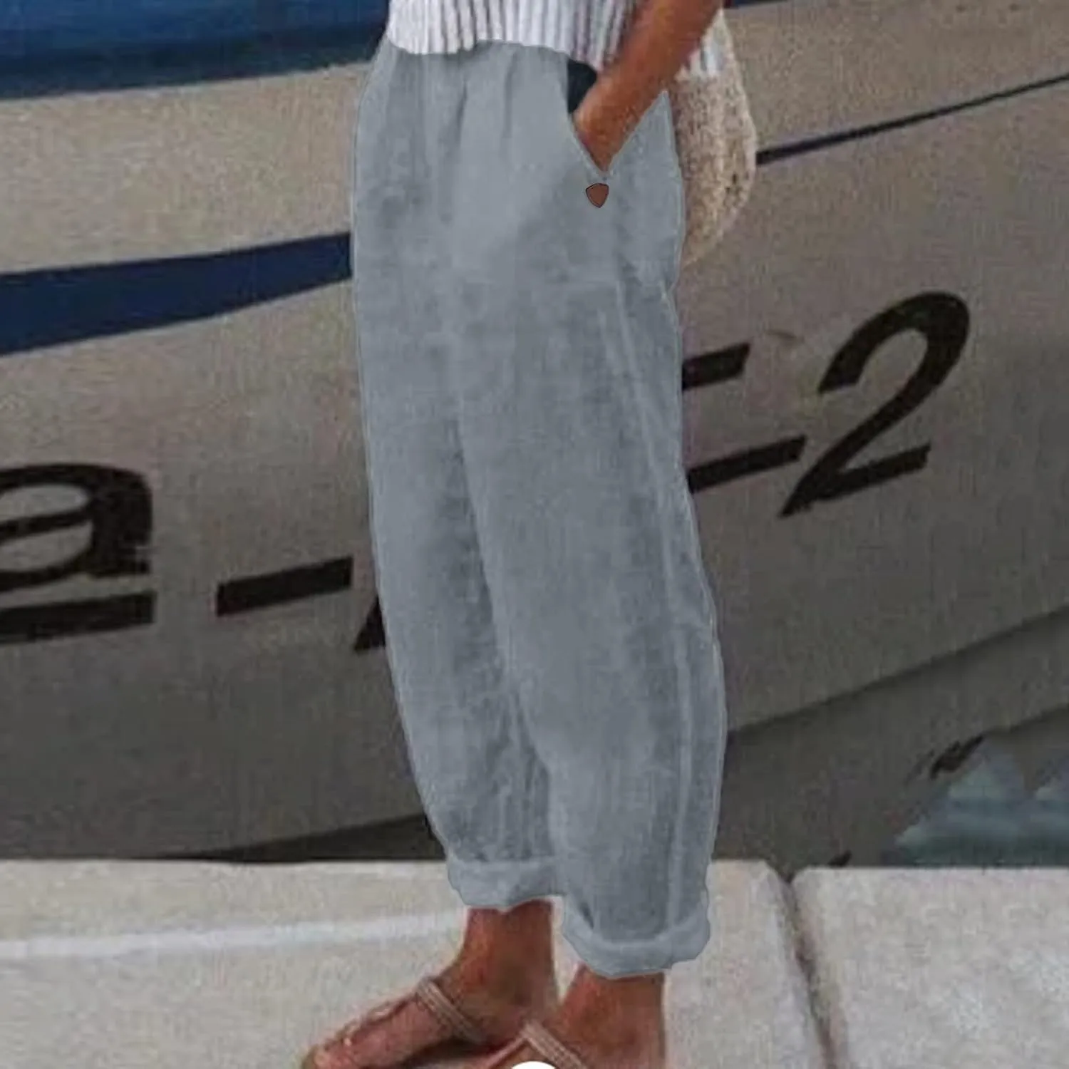 Womens Linen Pants Elastic High Waisted Straight Leg Palazzo Pants with Pockets Solid Comfy Baggy Jogger Trousers