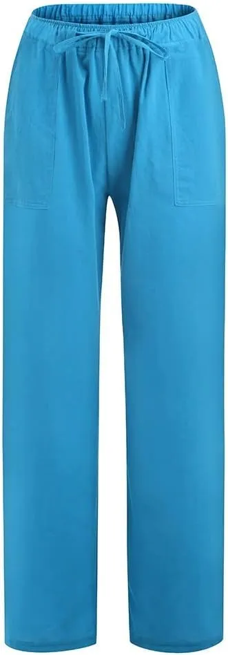 Womens Linen Pants Elastic High Waisted Straight Leg Palazzo Pants with Pockets Solid Comfy Baggy Jogger Trousers