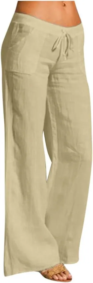 Womens Linen Pants Elastic High Waisted Straight Leg Palazzo Pants with Pockets Solid Comfy Baggy Jogger Trousers