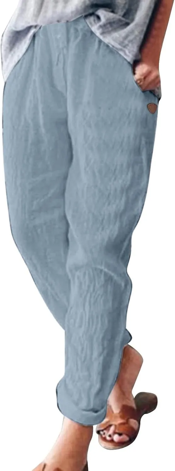 Womens Linen Pants Elastic High Waisted Straight Leg Palazzo Pants with Pockets Solid Comfy Baggy Jogger Trousers