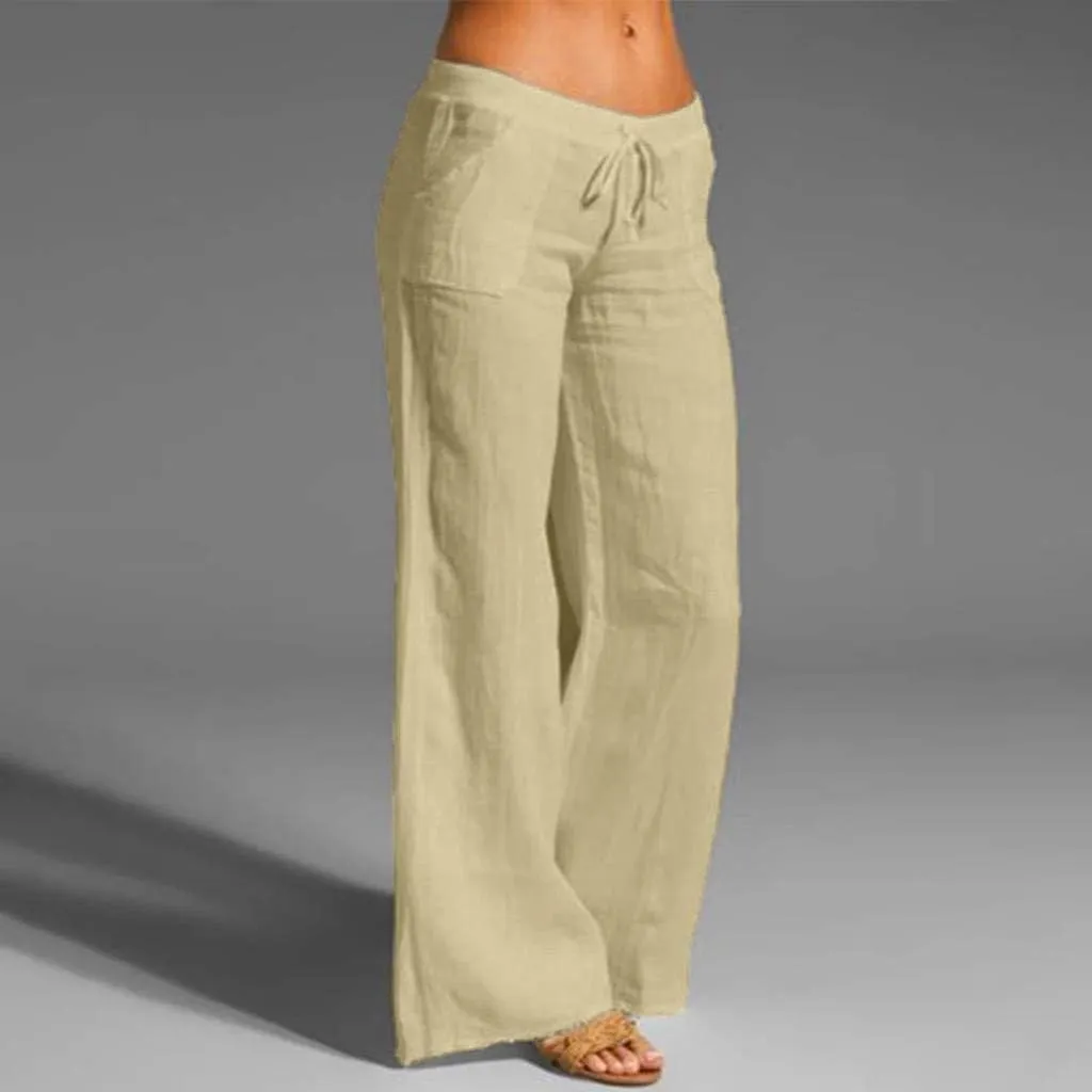 Womens Linen Pants Elastic High Waisted Straight Leg Palazzo Pants with Pockets Solid Comfy Baggy Jogger Trousers