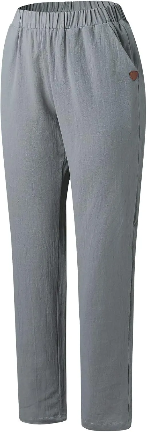 Womens Linen Pants Elastic High Waisted Straight Leg Palazzo Pants with Pockets Solid Comfy Baggy Jogger Trousers