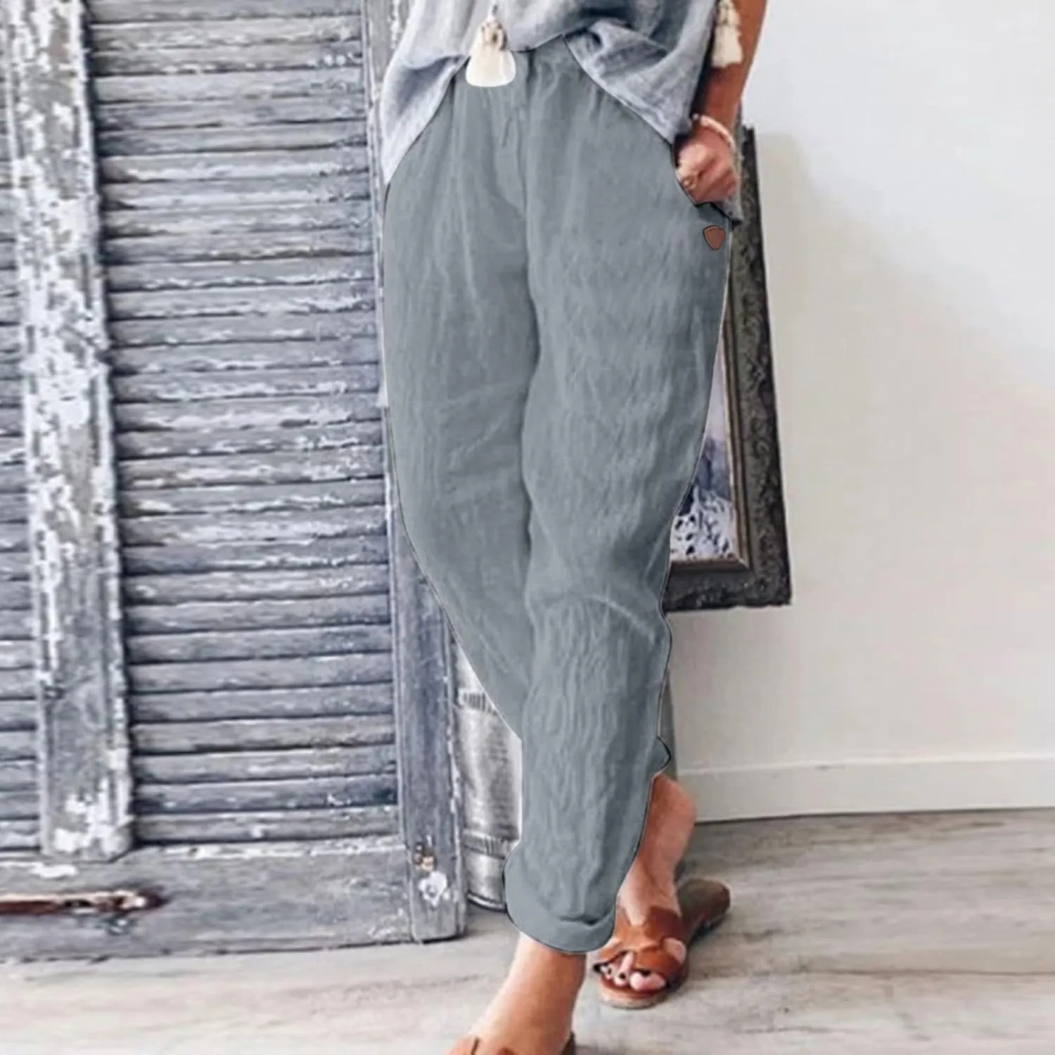 Womens Linen Pants Elastic High Waisted Straight Leg Palazzo Pants with Pockets Solid Comfy Baggy Jogger Trousers