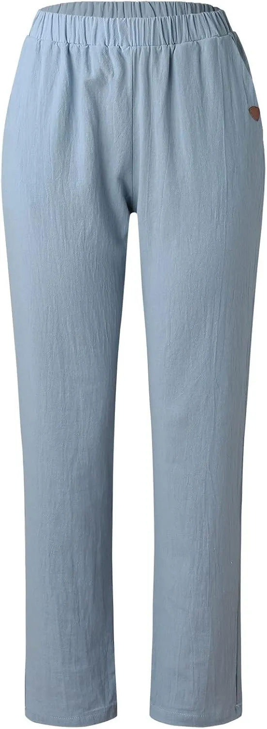 Womens Linen Pants Elastic High Waisted Straight Leg Palazzo Pants with Pockets Solid Comfy Baggy Jogger Trousers