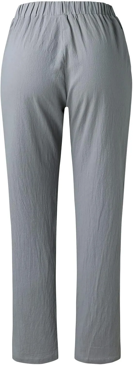 Womens Linen Pants Elastic High Waisted Straight Leg Palazzo Pants with Pockets Solid Comfy Baggy Jogger Trousers
