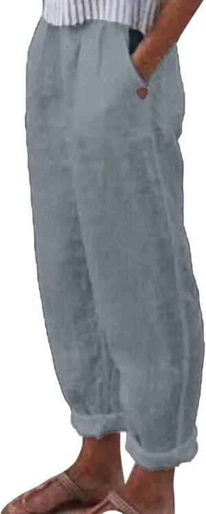 Womens Linen Pants Elastic High Waisted Straight Leg Palazzo Pants with Pockets Solid Comfy Baggy Jogger Trousers