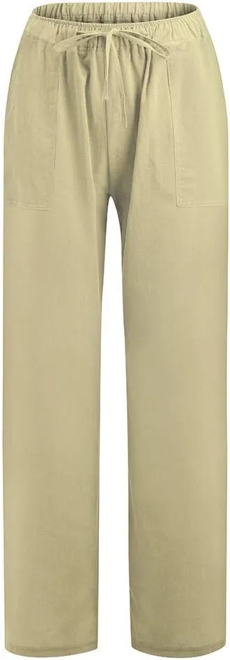 Womens Linen Pants Elastic High Waisted Straight Leg Palazzo Pants with Pockets Solid Comfy Baggy Jogger Trousers