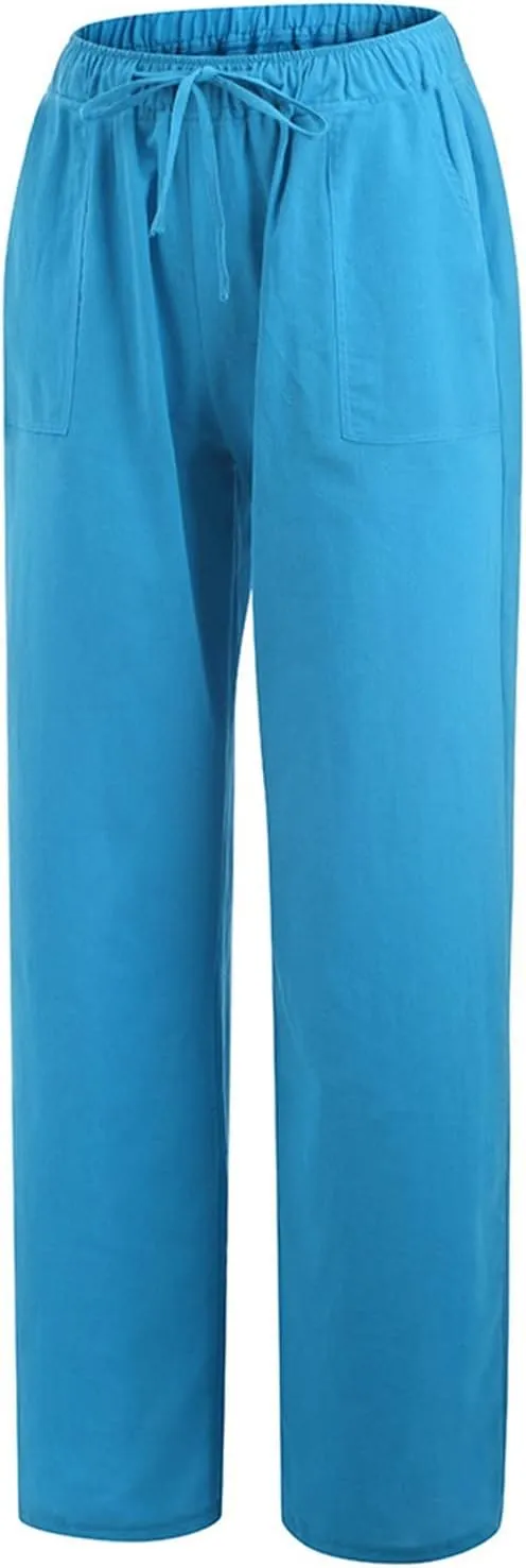 Womens Linen Pants Elastic High Waisted Straight Leg Palazzo Pants with Pockets Solid Comfy Baggy Jogger Trousers