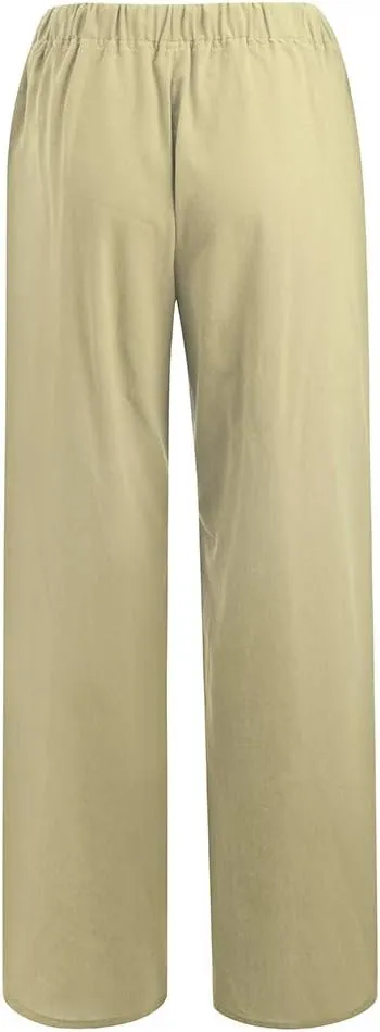 Womens Linen Pants Elastic High Waisted Straight Leg Palazzo Pants with Pockets Solid Comfy Baggy Jogger Trousers