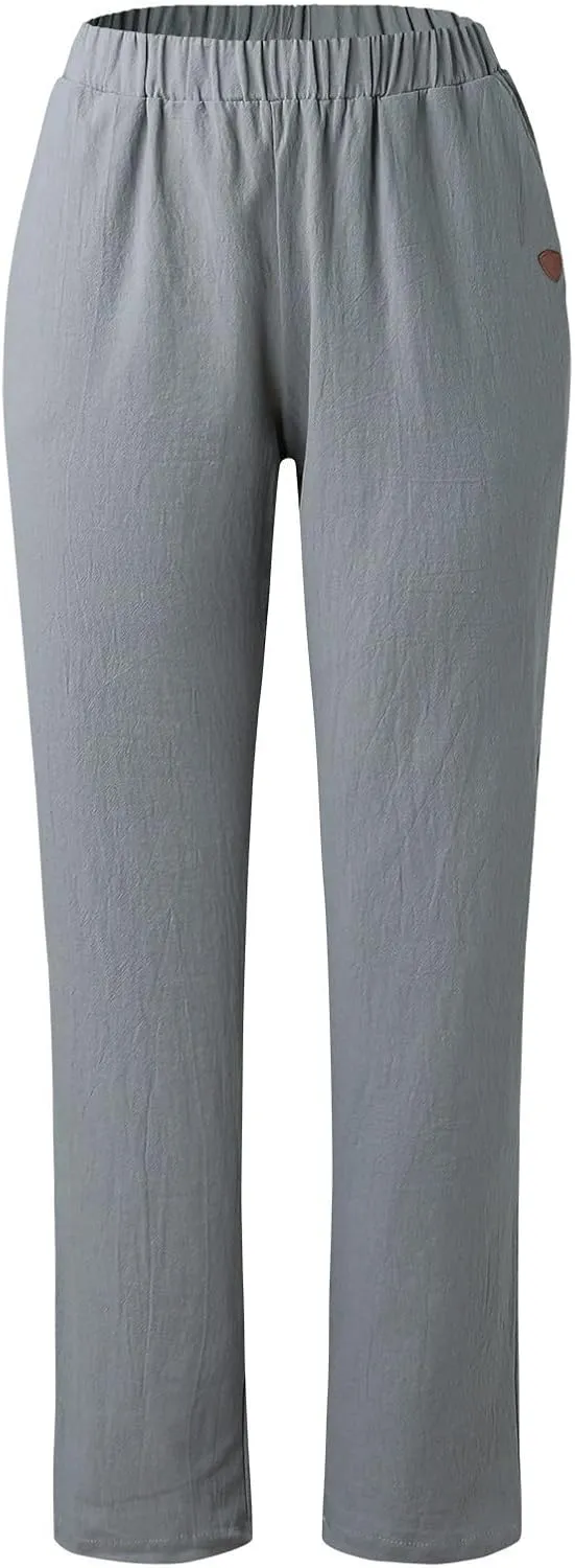 Womens Linen Pants Elastic High Waisted Straight Leg Palazzo Pants with Pockets Solid Comfy Baggy Jogger Trousers