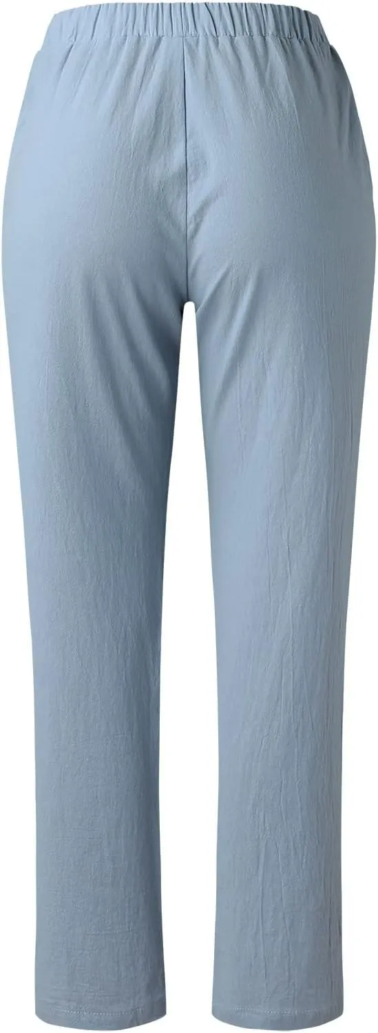 Womens Linen Pants Elastic High Waisted Straight Leg Palazzo Pants with Pockets Solid Comfy Baggy Jogger Trousers