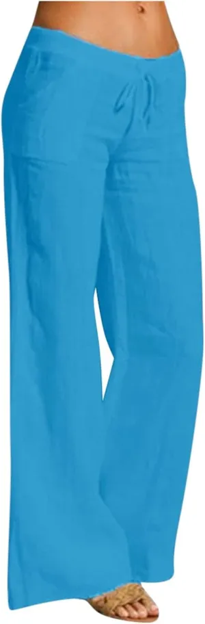 Womens Linen Pants Elastic High Waisted Straight Leg Palazzo Pants with Pockets Solid Comfy Baggy Jogger Trousers